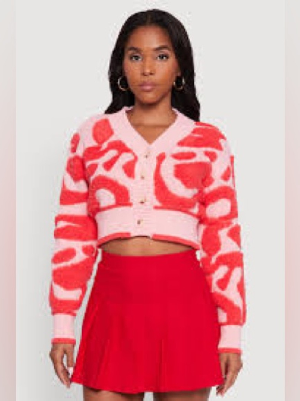 Tufted Knit Button Front Crop Cardigan Pink Size S